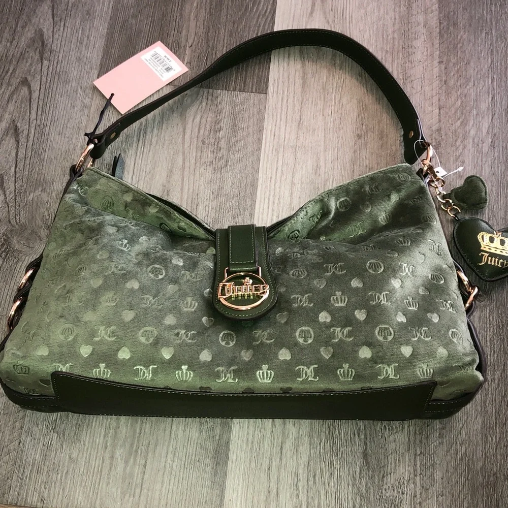 Juicy Couture Supergreens First Class Couture Hobo Bag Velvet & Faux Leather NWT